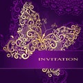 Vector vintage style invitation with golden lace butterfly Royalty Free Stock Photo