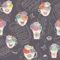 Vector vintage teacups and teapots seamless pattern dark background with butterflies, cakes and flowers.