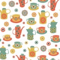 Vector vintage tes pots, tea cups, Seamless pattern background Royalty Free Stock Photo