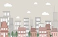 Vector vintage town house building landscape with tall buildings as background