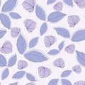 Vector violet blue garden flowers leaves on light delicate fabric seamless pattern.