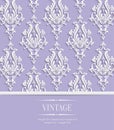 Vector Violet Vintage Invitation Card with 3d Floral Damask Pattern