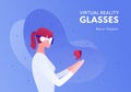 Vector virtual reality person banner template. Female in vr glasses watch butterfly on abstract fluid blue background. Concept of