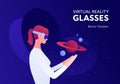 Vector virtual reality person banner template. Girl closeup in vr helmet watch planet on abstract background. Concept of