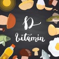 Vector vitamin D elements, mushrooms, eggs, sun and fish on black chalkboard illustration