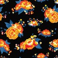 Vector Vivid Colorful Folk Roses on Black seamless pattern background. Royalty Free Stock Photo