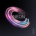 Vector. Vortex streams of neon light. Radial color circles. Lines in the shape of a comet against a dark background.