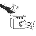 Vector vote illustration with human hands, voting bulletin and voting box isolated on white background.