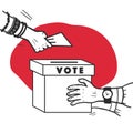 Vector vote illustration with human hands, voting bulletin and voting box isolated on white background. Hand drawn doodle style.