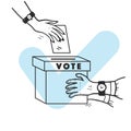 Vector vote illustration with human hands, voting bulletin and voting box isolated on white background. Royalty Free Stock Photo