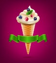 Vector wafer cone with cream (ice cream) with berries and mint