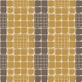 Vector waffle fabric effect seamless pattern background. White cotton fiber grunge netting on striped brown and ochre