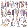 Vector walking urban crowd on street in city. Woman with kids people with dogs pigeons bicyclist and other characters