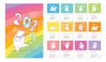 Vector wall calendar of 2019 year with outline cute pig in pastel rainbow colored. Week starts from Monday.