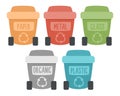 Vector waste sorting bins icon. Colorful organic, paper, metal, glass, plastic garbage boxes. Earth day or zero waste ecological Royalty Free Stock Photo