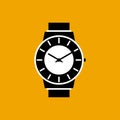 Vector watch in black and white, isolated on a yellow background. suitable for logos, icons, watch shop symbols.