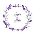 Vector watecolor lavender delicate floral wreath on white background with message Save the date. Blue flowers and green