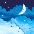 Vector wateercolor illustration of night sky with stars, clouds and moon. Royalty Free Stock Photo