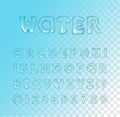 Vector water / gel font on blue transparent background. Typeface. Glossy letters