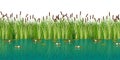 Vector water lilies and cattails in the lake. Vector illustration of attractive blossom water lily and reeds in the pond