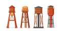 Vector Water Towers, Tall, Elevated Metal Constructions Used To Store And Distribute Water To Surrounding Areas