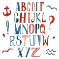 Vector watercolor alphabet in marine style.