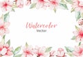 Vector Watercolor botanical frame. Pink cherry blossom. Collection with gentle flowers, bud, branches and green leaves. Perfect