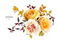 Vector watercolor bouquet. Autumn yellow rose flowers, carnation, orange eucalyptus leaves, burgundy branches editable floral Royalty Free Stock Photo