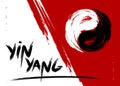 Vector watercolor brush yin yang symbol of harmony and balance. Black and white on red background illustration