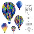 Vector watercolor card with hot air balloon. Hand drawn vintage collage illustration. Vector kids texture