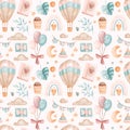 Vector watercolor childish boho pattern with toys and leaves