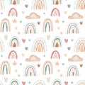 Vector watercolor childish boho seamless pattern with rainbows