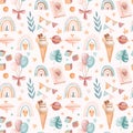 Vector watercolor childish seamless boho pattern with toys and leaves