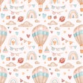 Vector watercolor childish seamless pattern with toys and leaves