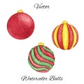 Vector watercolor christmas balls of red, green and yellow colors set isolated on the white background. Royalty Free Stock Photo