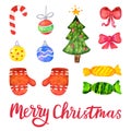 Vector watercolor Christmas and New year decoration elements. Set of hand drawn Merry Christmas design elements Royalty Free Stock Photo