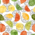 Vector watercolor citrus fruit seamless pattern background with sliced oranges, limes and lemons on black line art slices Royalty Free Stock Photo