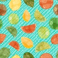 Vector watercolor citrus fruit seamless pattern background with sliced oranges, limes and lemons Royalty Free Stock Photo