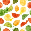 Vector watercolor citrus fruit seamless pattern background wth sliced oranges, limes and lemons Royalty Free Stock Photo
