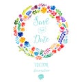 Vector watercolor colorful circular floral wreaths with summer flowers and central white copyspace for your text. Vector handdrawn