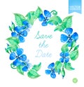 Vector watercolor floral wreaths with blue summer flowers. Save The Date Template
