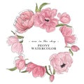 Vector watercolor flower peony hand-drawn elemetns. Floral shop, botanical boutique advertising. Spring bloom peonies wreath