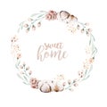 Vector watercolor flowers wreath frame. Psring decoration with protea ans cotton. Wedding decoration circle