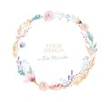 Vector watercolor flowers wreath frame. Psring decoration with protea ans cotton. Wedding decoration circle