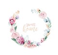 Vector watercolor flowers wreath frame. Psring decoration with protea ans cotton. Wedding decoration circle