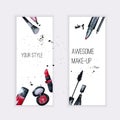 Vector watercolor Glamorous make up set of banners with nail polish and lipstick.Creative design for card, web design background,