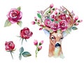 Vector watercolor hand drawn floral set with deer Royalty Free Stock Photo