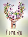 Vector watercolor hand drawn floral set with deer Royalty Free Stock Photo