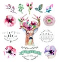 Vector watercolor hand drawn floral set with deer Royalty Free Stock Photo