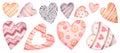 Vector watercolor hearts pink and red set. Valentines day hand painted love, romantic, wedding illustration. Royalty Free Stock Photo